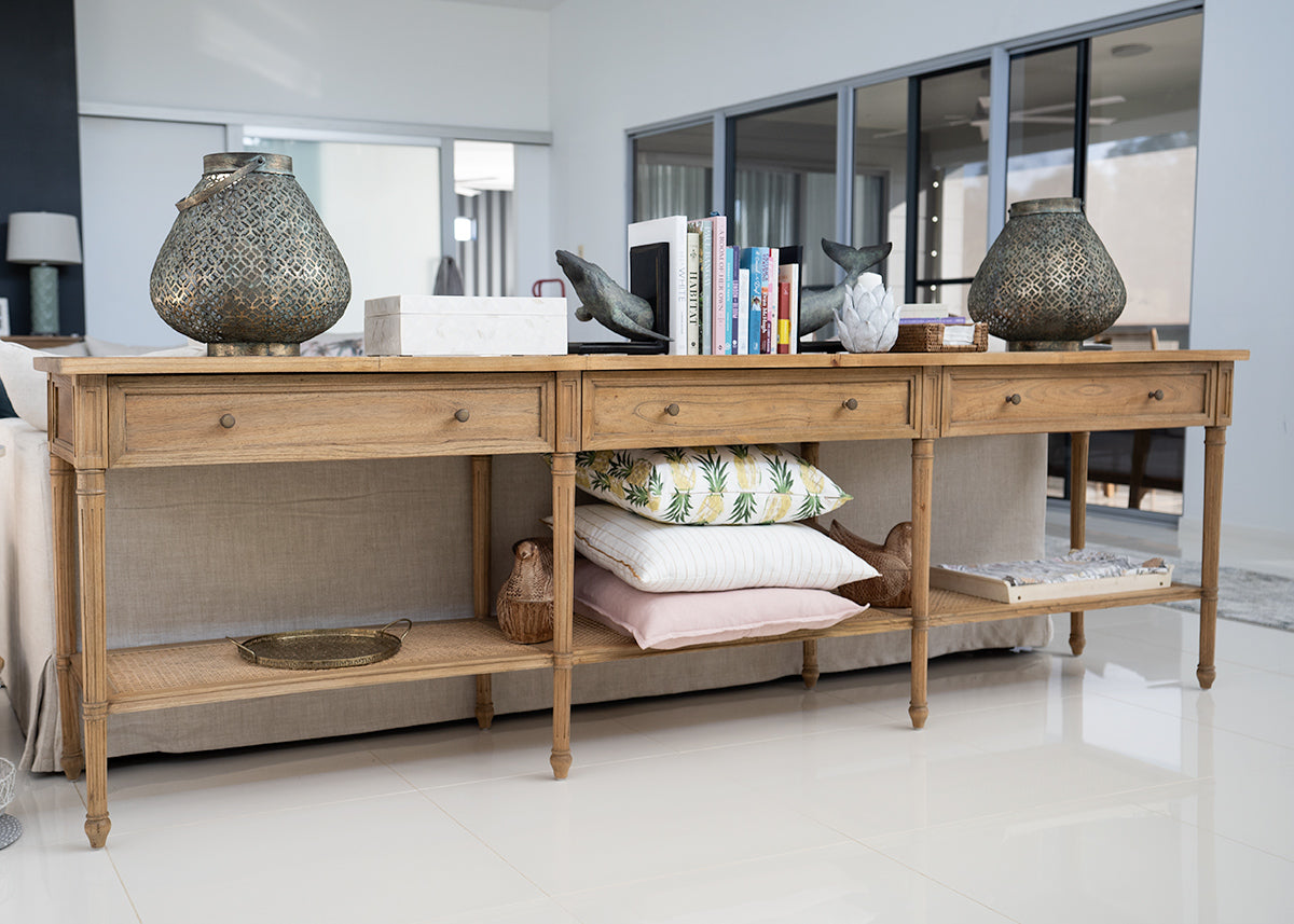 Vaucluse Mahogany & Rattan Wide Console Table – Weathered Oak – 280cm