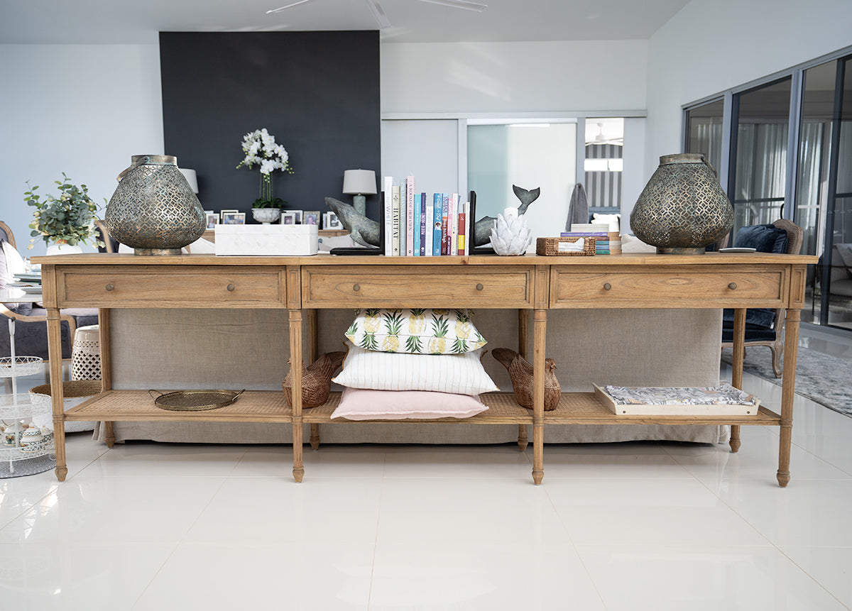 Vaucluse Mahogany & Rattan Wide Console Table – Weathered Oak – 280cm