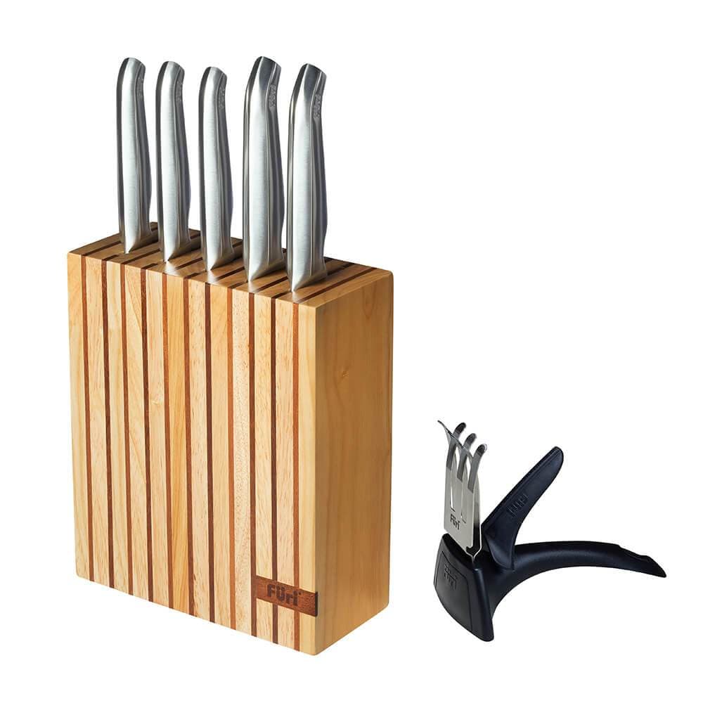 Furi Pro Wood Knife Block Set 7 Piece with Diamond Fingers Knife Sharpener