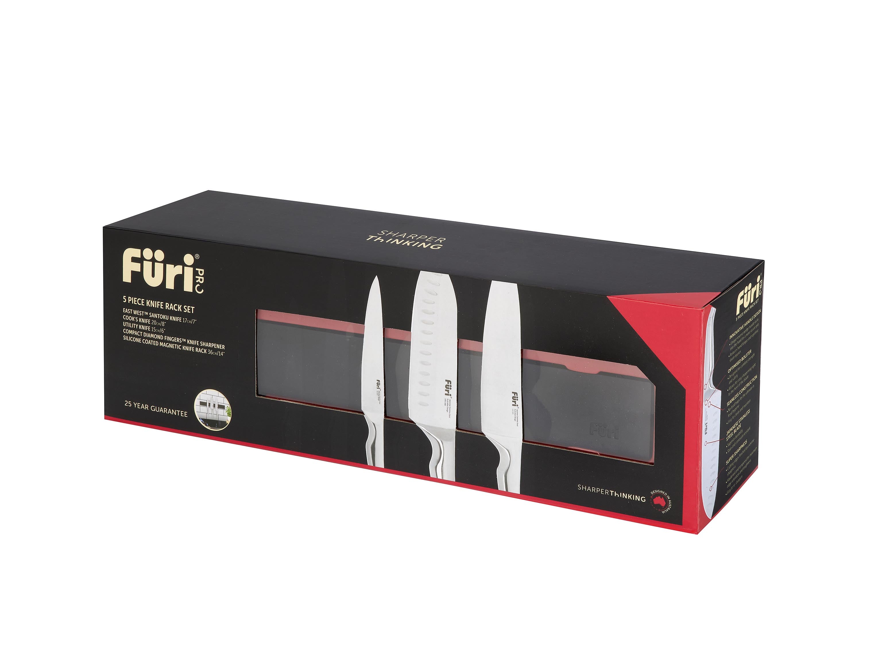 Furi Pro 5 Piece Knife Wall Rack Set - Includes Compact Diamond Fingers Sharpener