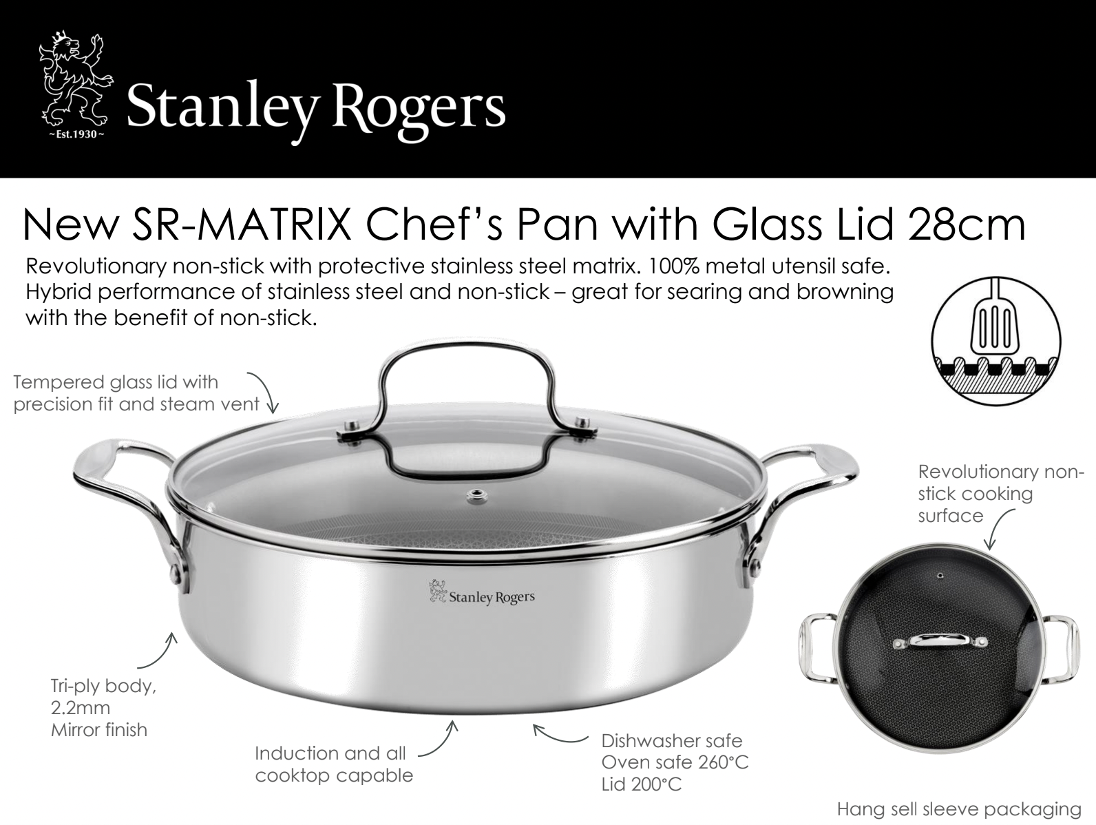Stanley Rogers Matrix Non-stick Chef’s Pan with Glass Lid 28cm