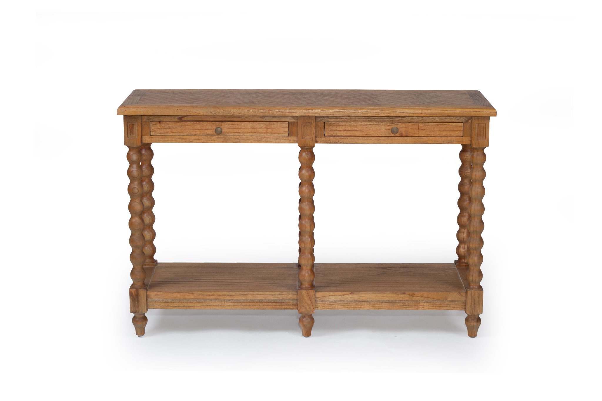 Morningside White Cedar Bobbin Console Table – 2 Drawer – Herringbone Top