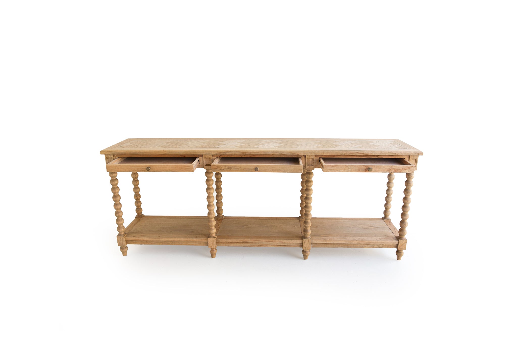 Morningside White Cedar Bobbin Console Table – 3 Drawer – Herringbone Top