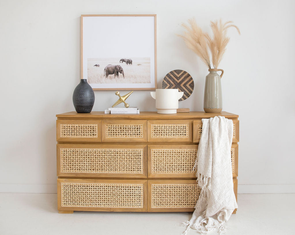 Piper Teak & Rattan Chest Of Drawers – Eight Drawers